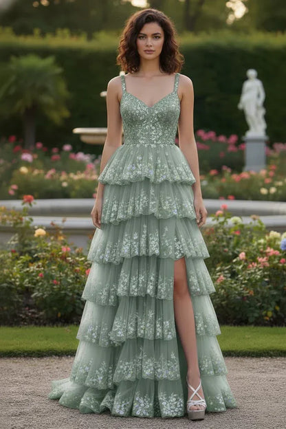 Spaghetti Strap Floral Sequin Tiered Prom Dress with Slit | Sevoba