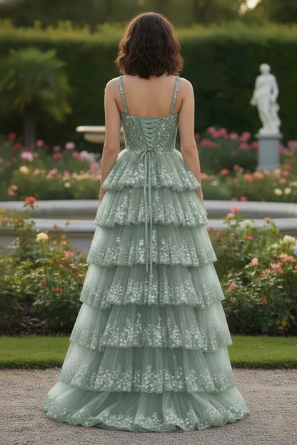 Spaghetti Strap Floral Sequin Tiered Prom Dress with Slit | Sevoba