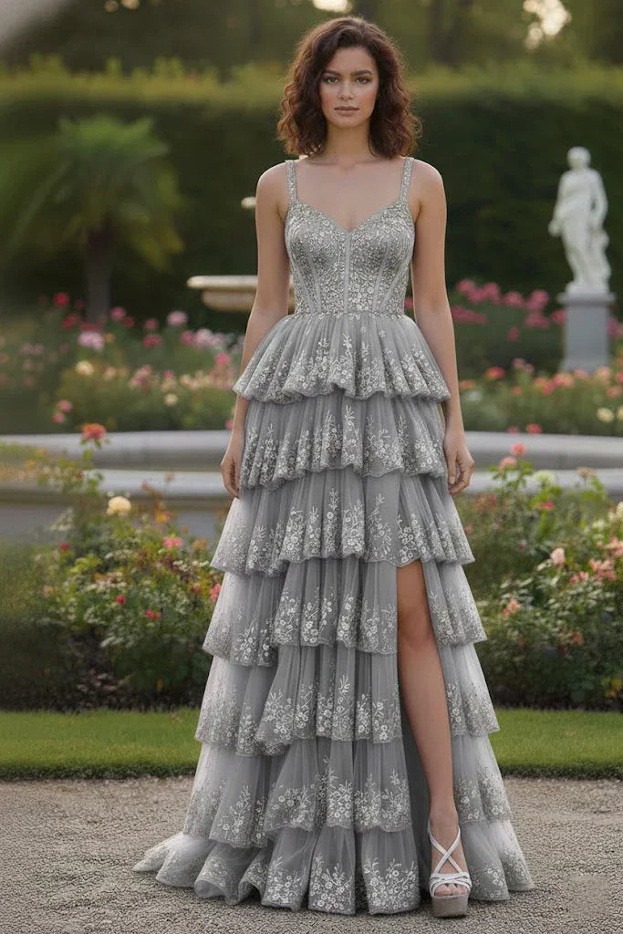 Spaghetti Strap Floral Sequin Tiered Prom Dress with Slit | Sevoba