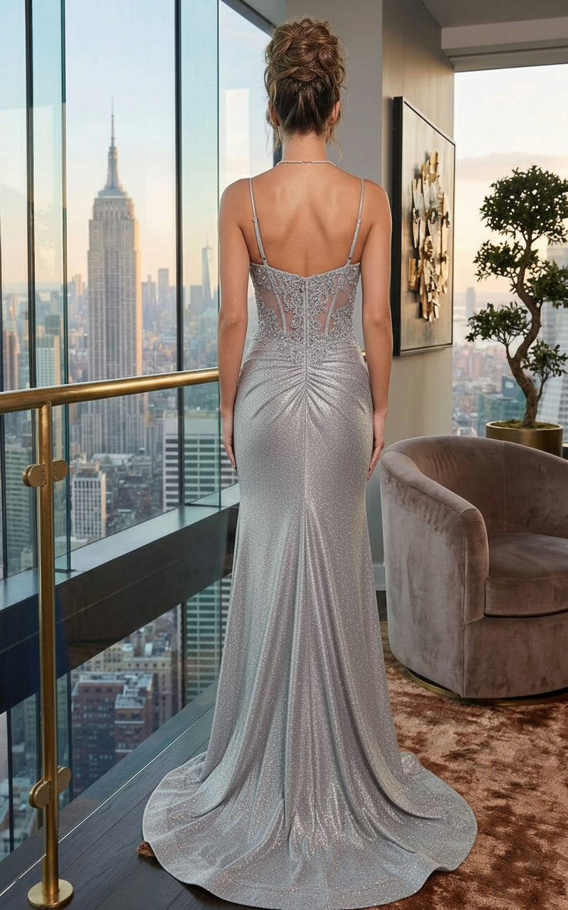 Spaghetti Strap Lace Corset Glitter Mermaid Prom Dress with High Slit | Sevoba