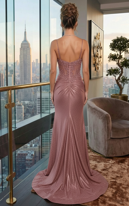 Spaghetti Strap Lace Corset Glitter Mermaid Prom Dress with High Slit | Sevoba