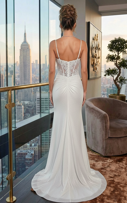 Spaghetti Strap Lace Corset Glitter Mermaid Prom Dress with High Slit | Sevoba
