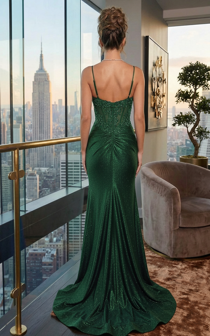 Spaghetti Strap Lace Corset Glitter Mermaid Prom Dress with High Slit | Sevoba