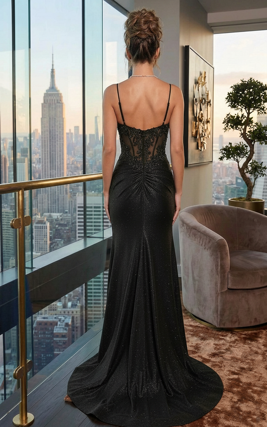 Spaghetti Strap Lace Corset Glitter Mermaid Prom Dress with High Slit | Sevoba