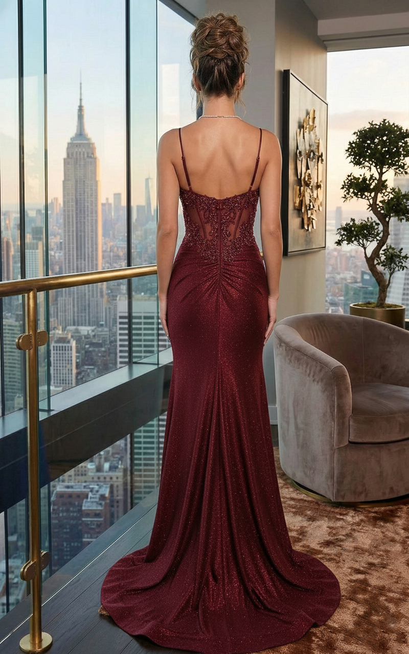 Spaghetti Strap Lace Corset Glitter Mermaid Prom Dress with High Slit | Sevoba