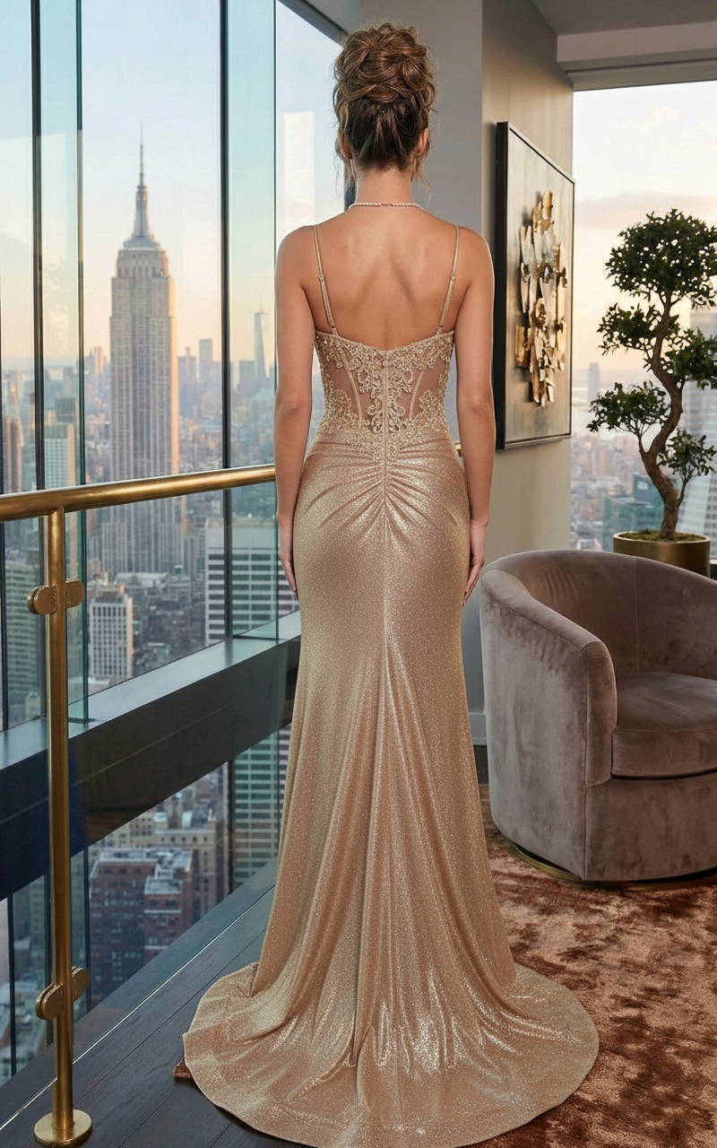 Spaghetti Strap Lace Corset Glitter Mermaid Prom Dress with High Slit | Sevoba