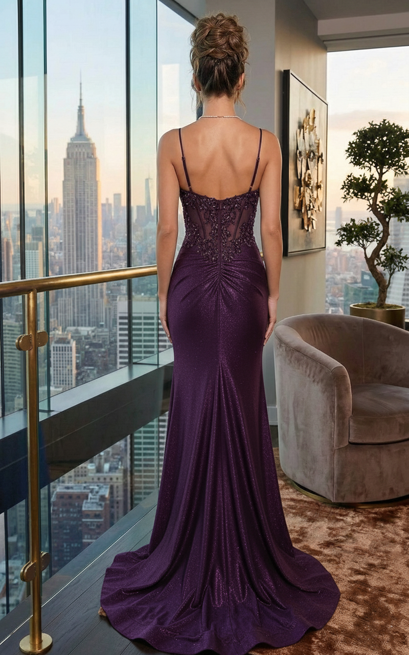 Spaghetti Strap Lace Corset Glitter Mermaid Prom Dress with High Slit | Sevoba