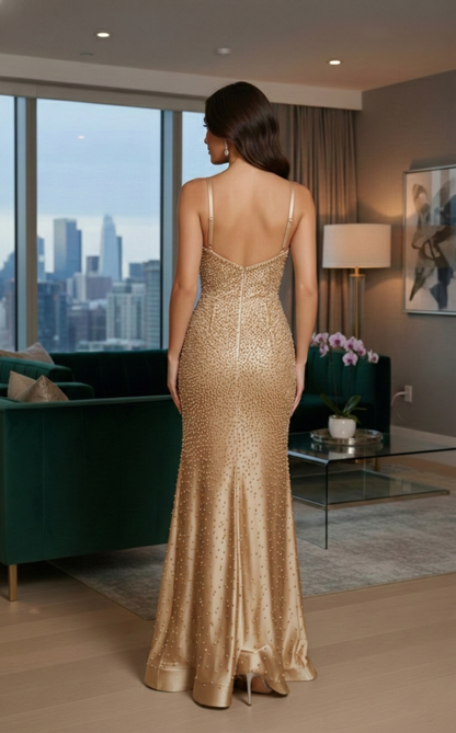 Spaghetti Strap Rhinestone Mermaid Prom Dress with Slit | Sevoba