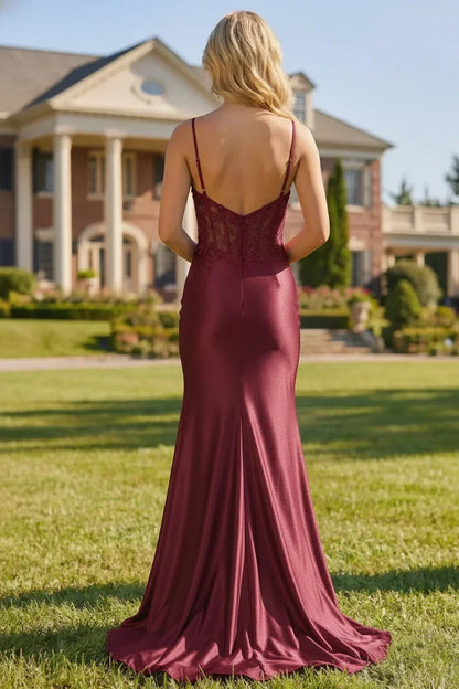 Spaghetti Strap Satin and Lace Applique Corset Prom Dress | Sevoba