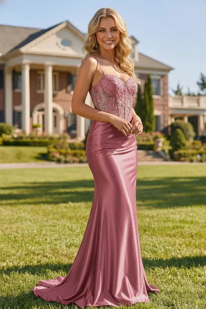 Spaghetti Strap Satin and Lace Applique Corset Prom Dress | Sevoba