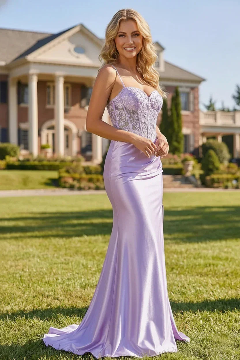 Spaghetti Strap Satin and Lace Applique Corset Prom Dress | Sevoba