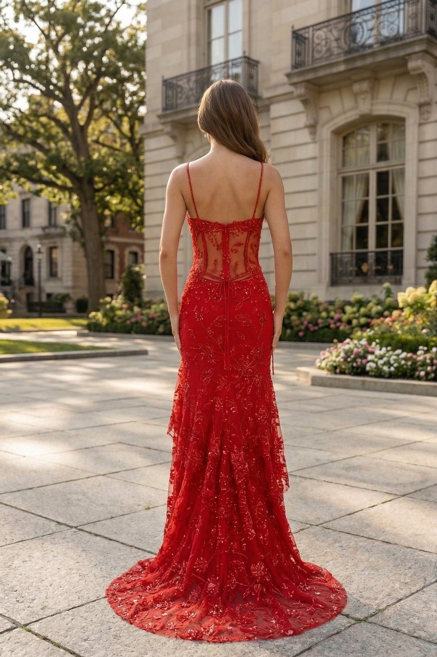 Spaghetti Strap Sweetheart Floral Lace Mermaid Prom Dress with Corset Back | Sevoba