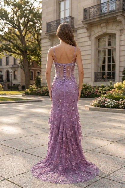 Spaghetti Strap Sweetheart Floral Lace Mermaid Prom Dress with Corset Back | Sevoba