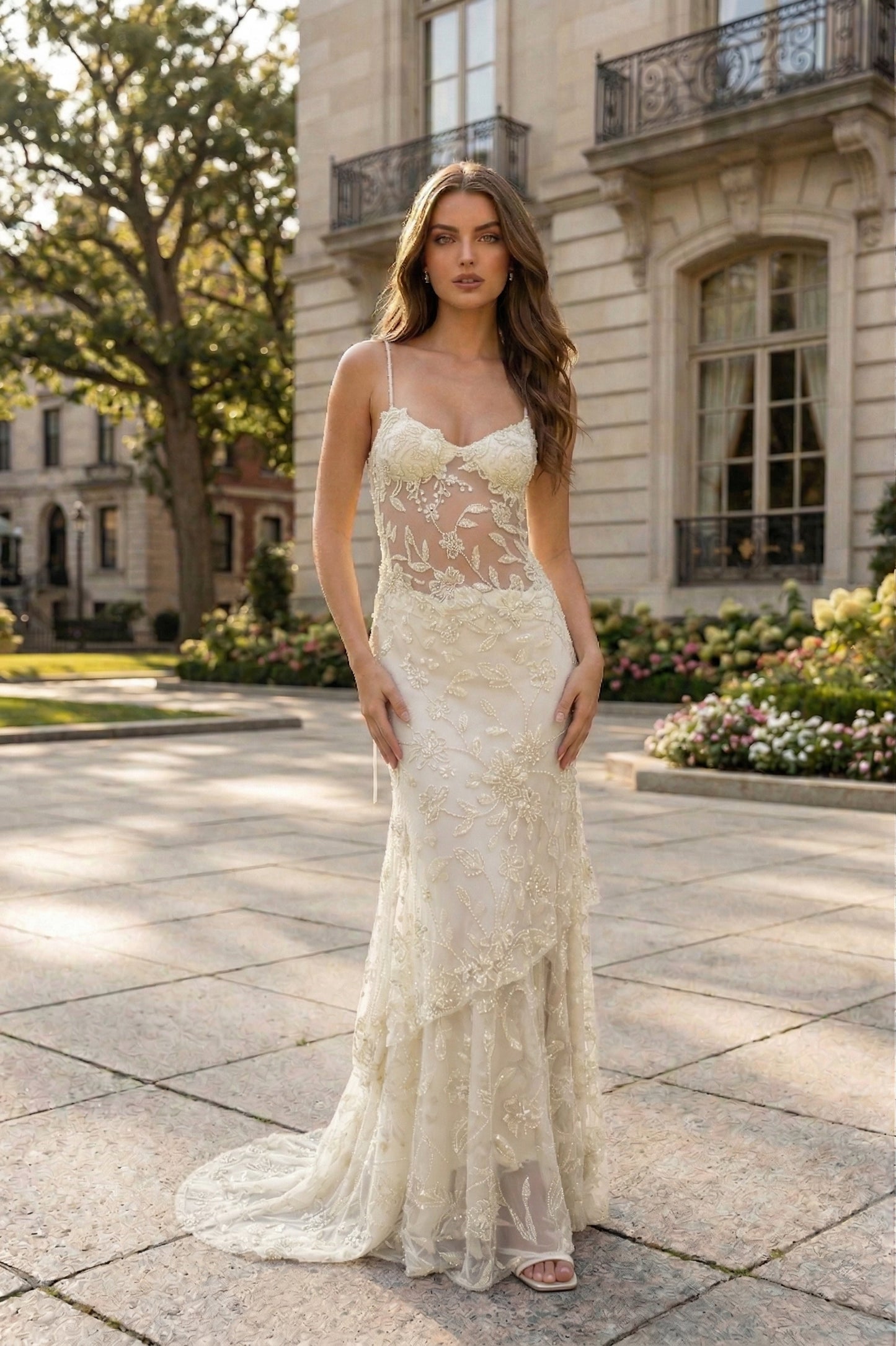 Spaghetti Strap Sweetheart Floral Lace Mermaid Prom Dress with Corset Back | Sevoba