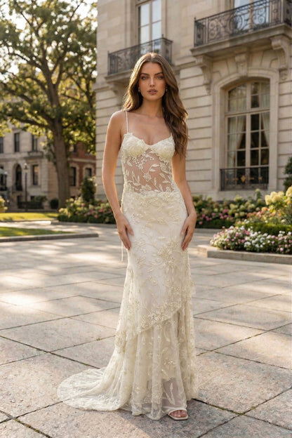 Spaghetti Strap Sweetheart Floral Lace Mermaid Prom Dress with Corset Back | Sevoba