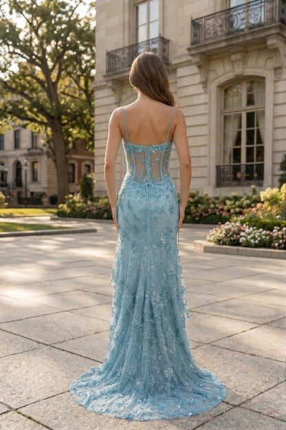 Spaghetti Strap Sweetheart Floral Lace Mermaid Prom Dress with Corset Back | Sevoba