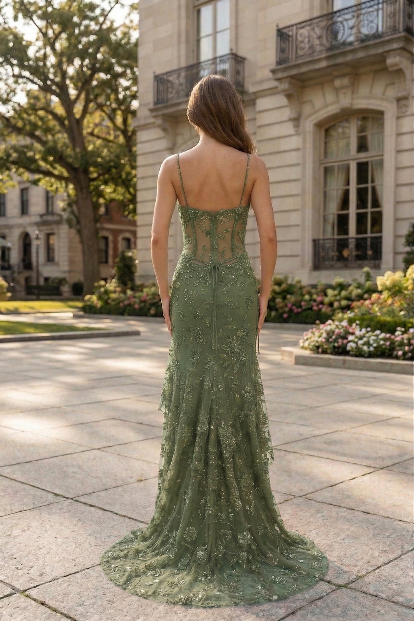 Spaghetti Strap Sweetheart Floral Lace Mermaid Prom Dress with Corset Back | Sevoba
