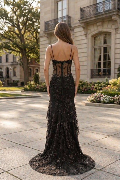 Spaghetti Strap Sweetheart Floral Lace Mermaid Prom Dress with Corset Back | Sevoba