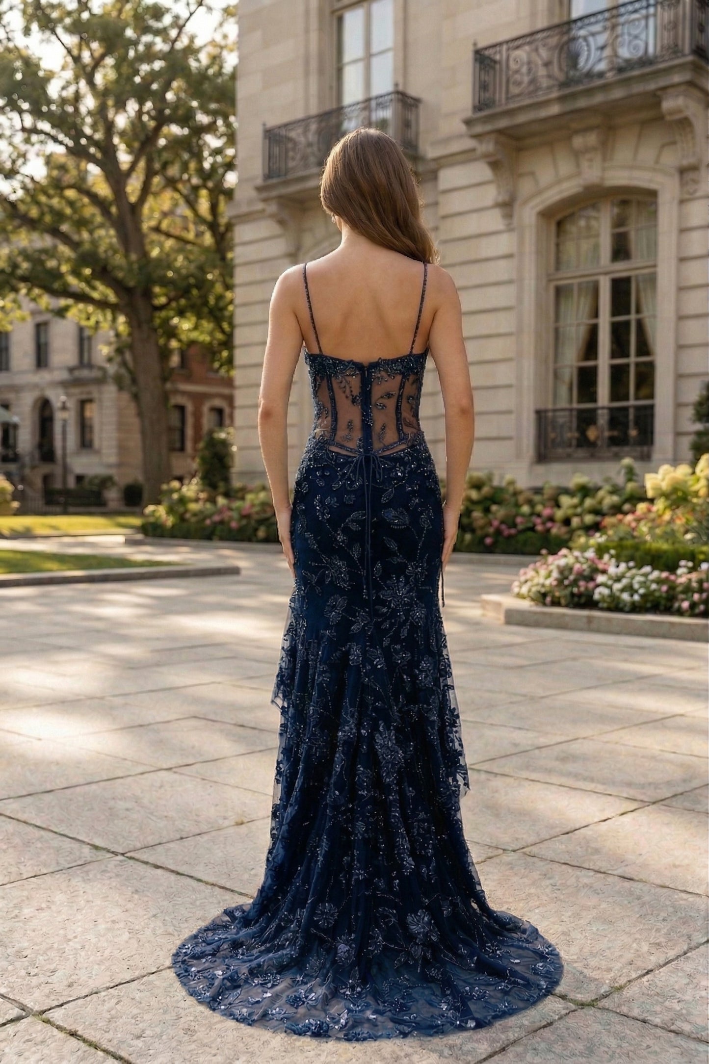 Spaghetti Strap Sweetheart Floral Lace Mermaid Prom Dress with Corset Back | Sevoba