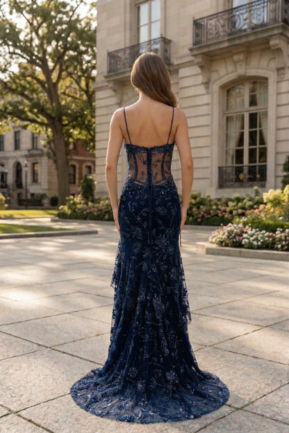 Spaghetti Strap Sweetheart Floral Lace Mermaid Prom Dress with Corset Back | Sevoba