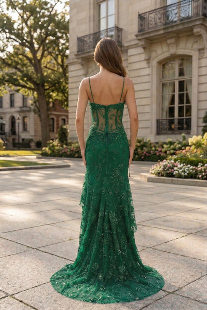 Spaghetti Strap Sweetheart Floral Lace Mermaid Prom Dress with Corset Back | Sevoba