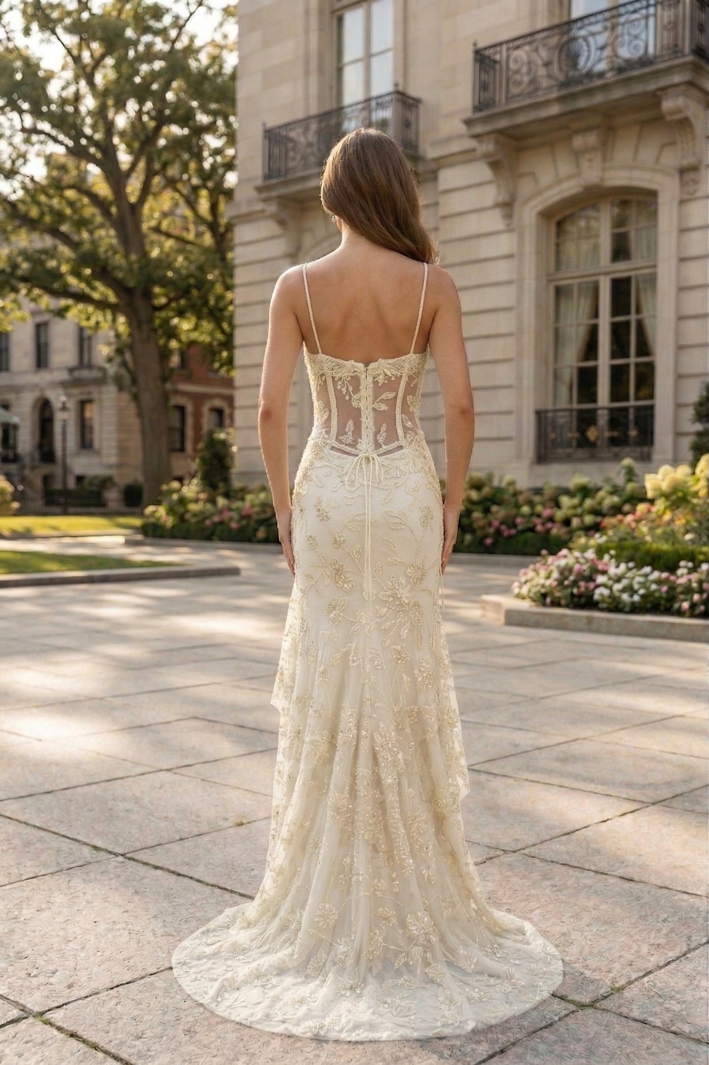 Spaghetti Strap Sweetheart Floral Lace Mermaid Prom Dress with Corset Back | Sevoba