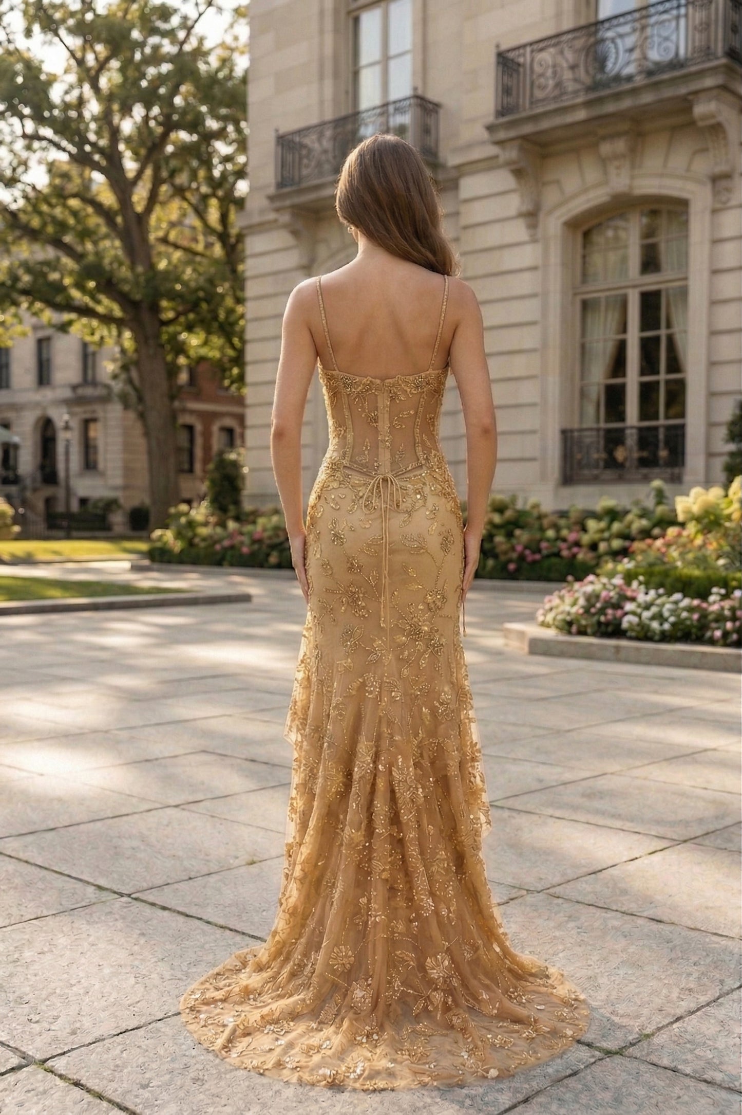 Spaghetti Strap Sweetheart Floral Lace Mermaid Prom Dress with Corset Back | Sevoba