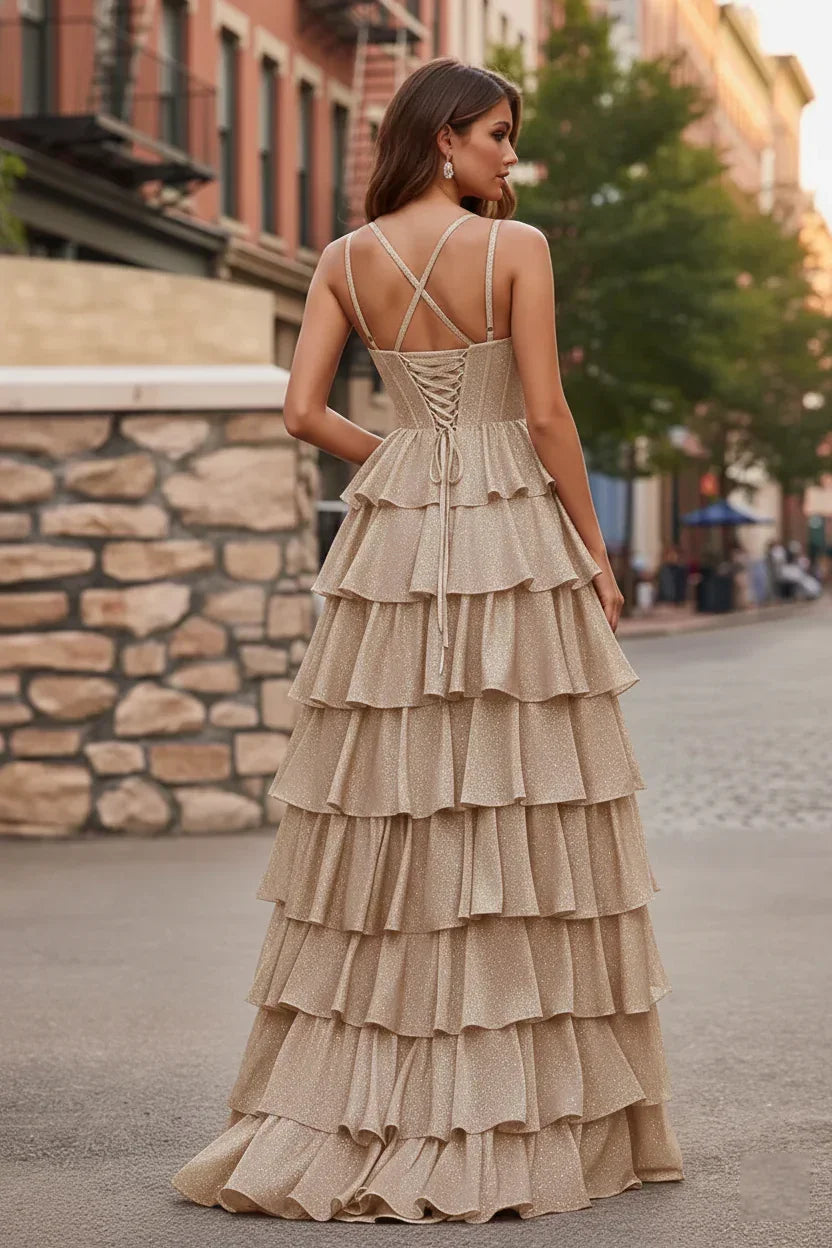 Spaghetti Strap Tiered Ruffle A-Line Prom Dress with Cowl Neck | Sevoba