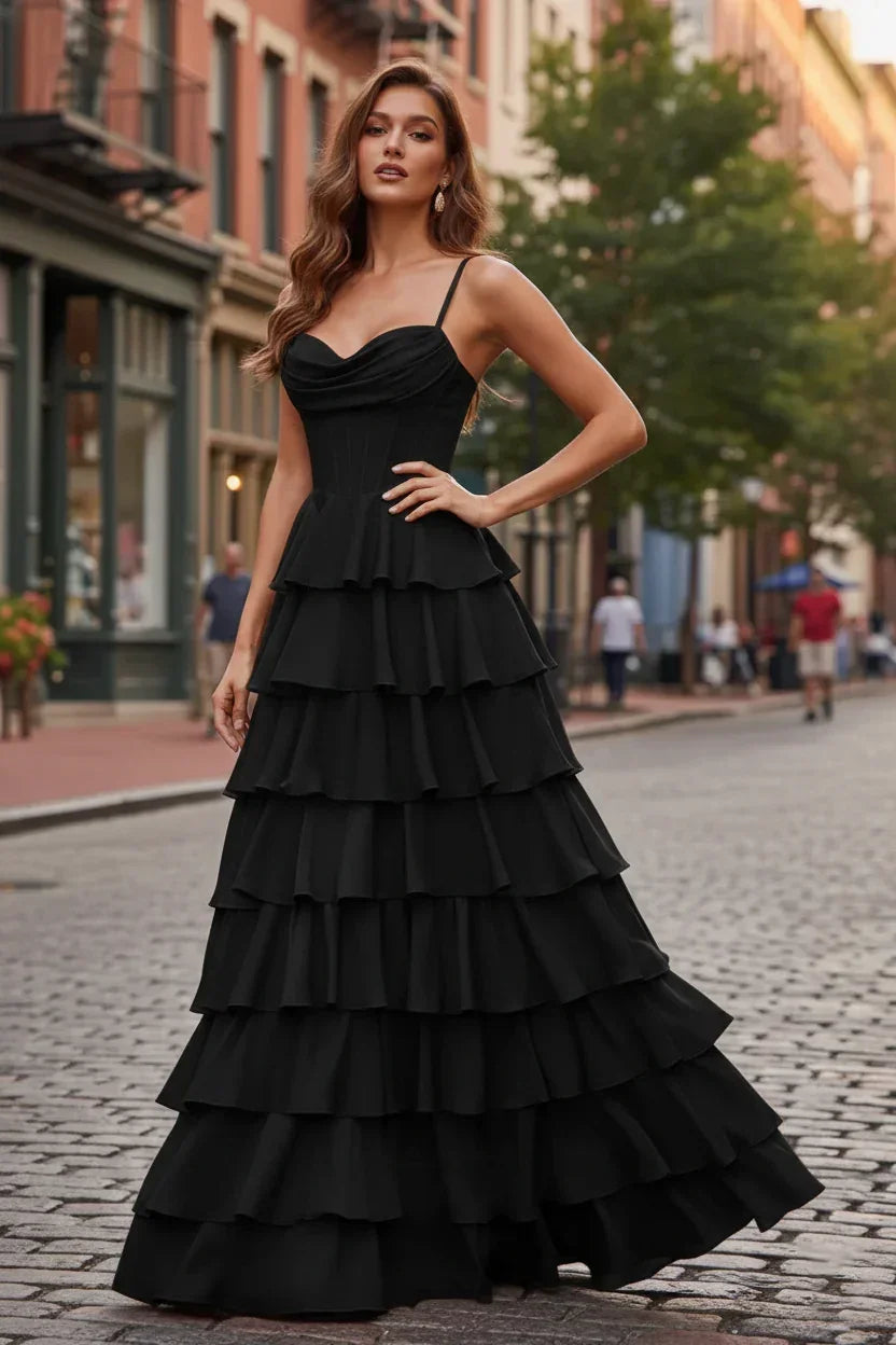 Spaghetti Strap Tiered Ruffle A-Line Prom Dress with Cowl Neck | Sevoba