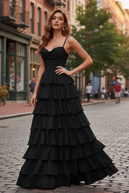 Spaghetti Strap Tiered Ruffle A-Line Prom Dress with Cowl Neck | Sevoba