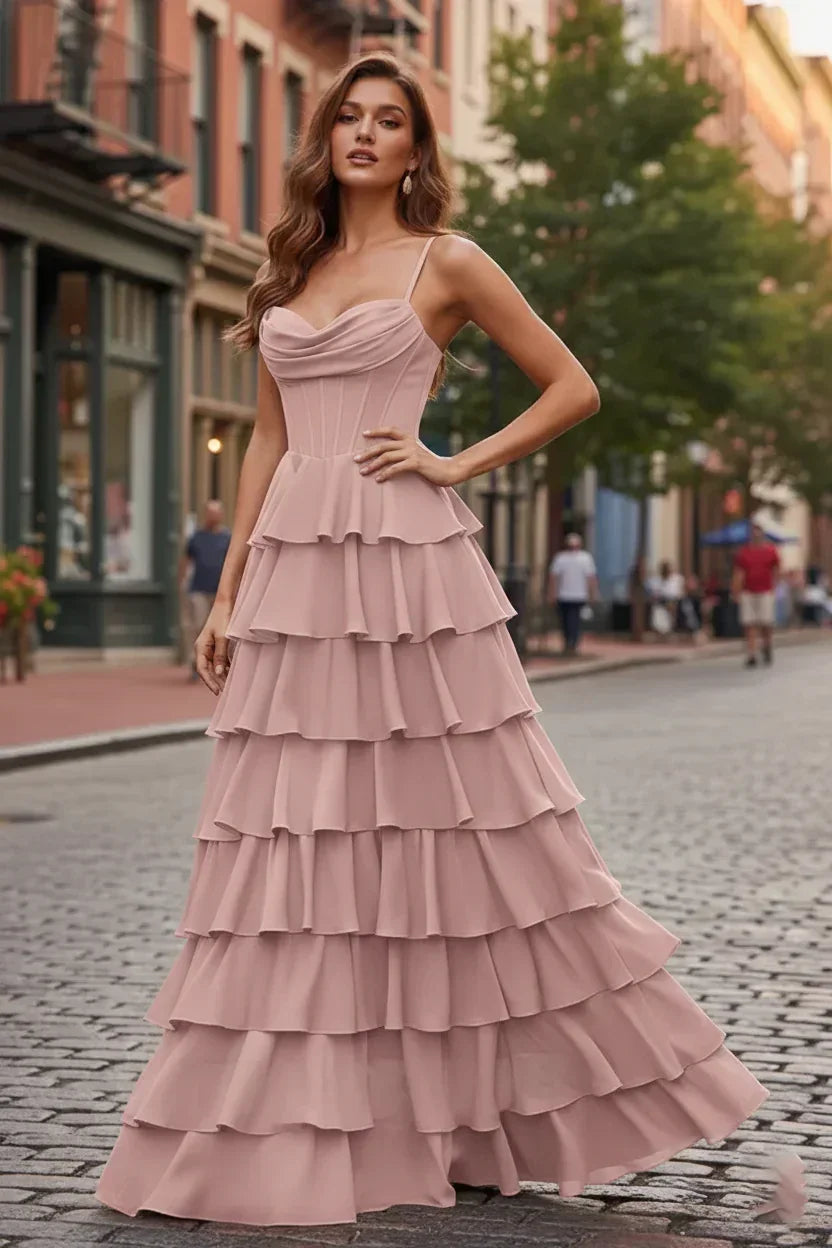 Spaghetti Strap Tiered Ruffle A-Line Prom Dress with Cowl Neck | Sevoba