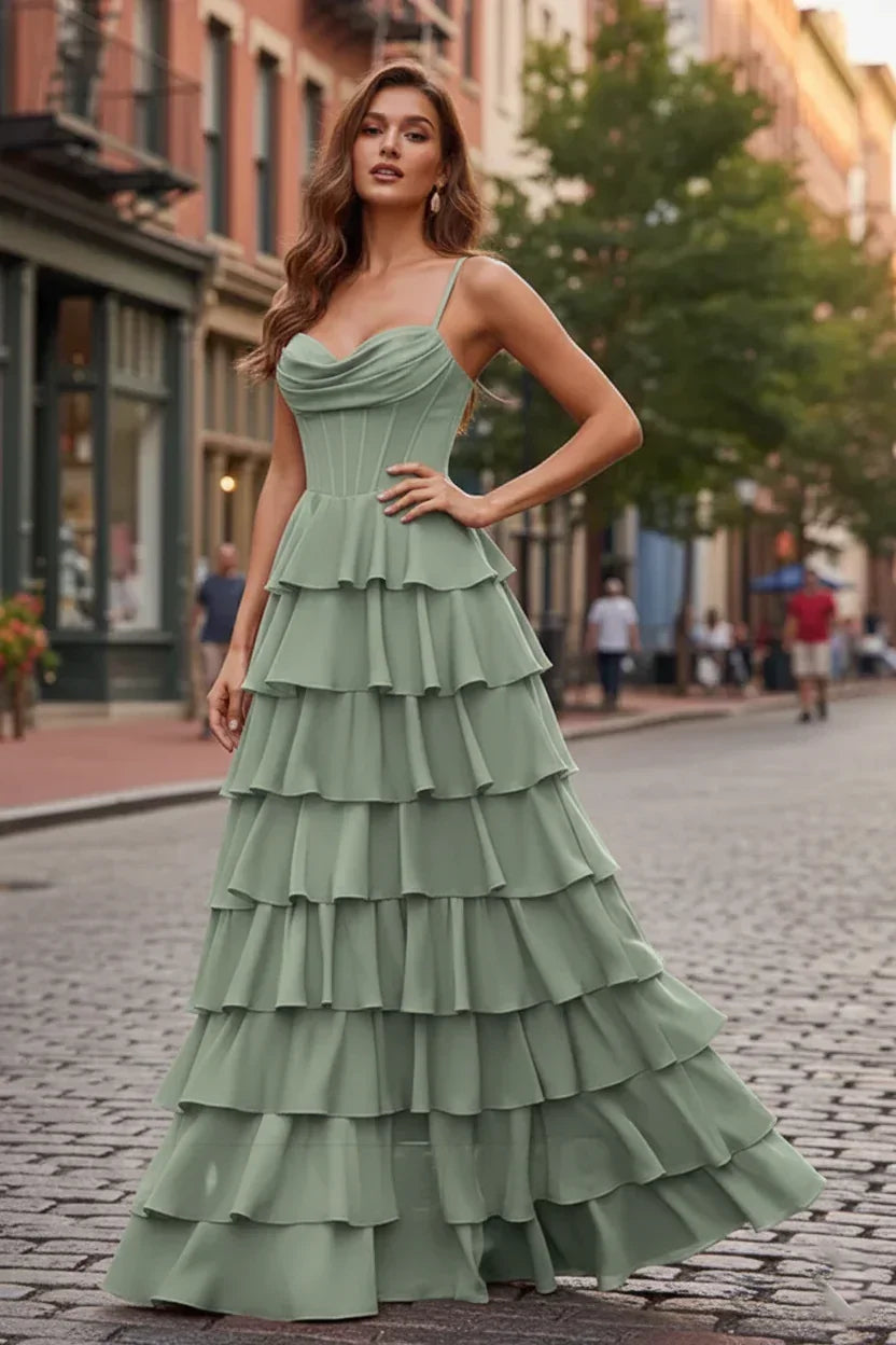 Spaghetti Strap Tiered Ruffle A-Line Prom Dress with Cowl Neck | Sevoba