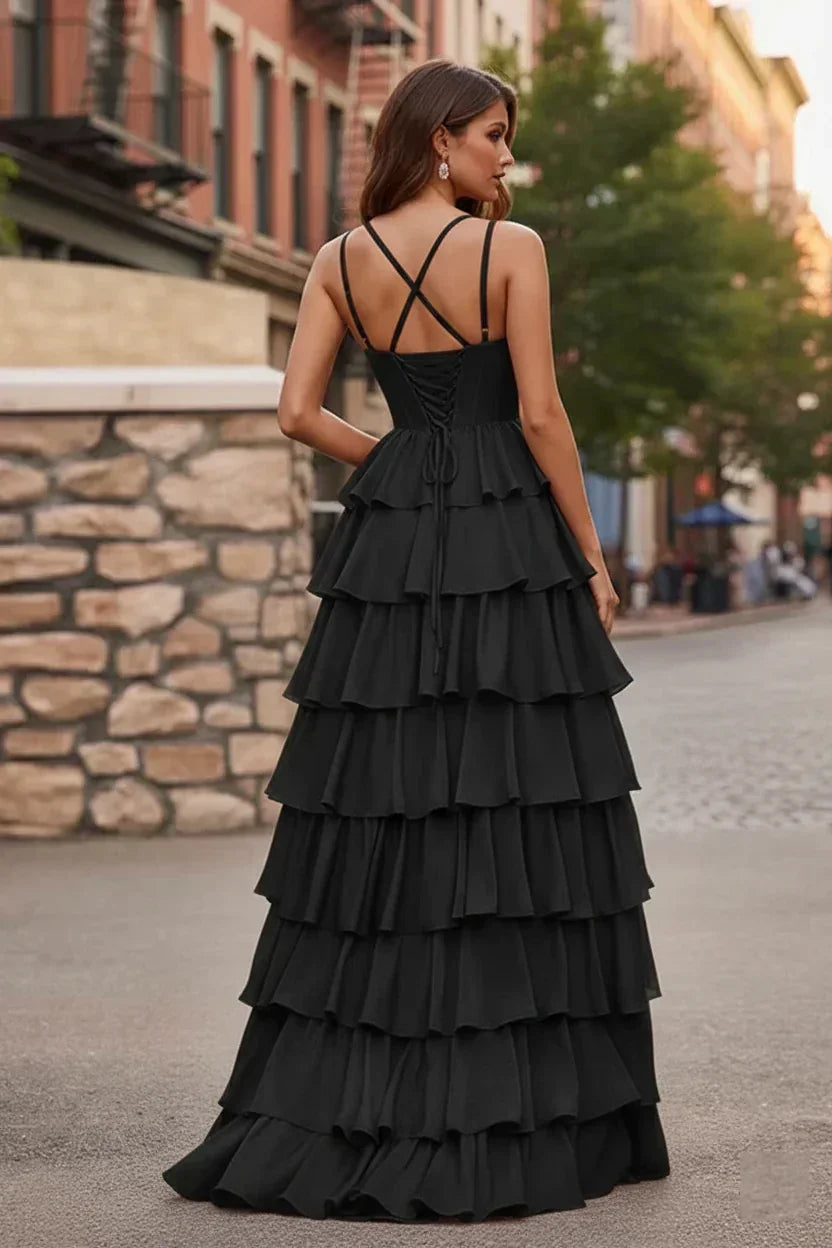 Spaghetti Strap Tiered Ruffle A-Line Prom Dress with Cowl Neck | Sevoba