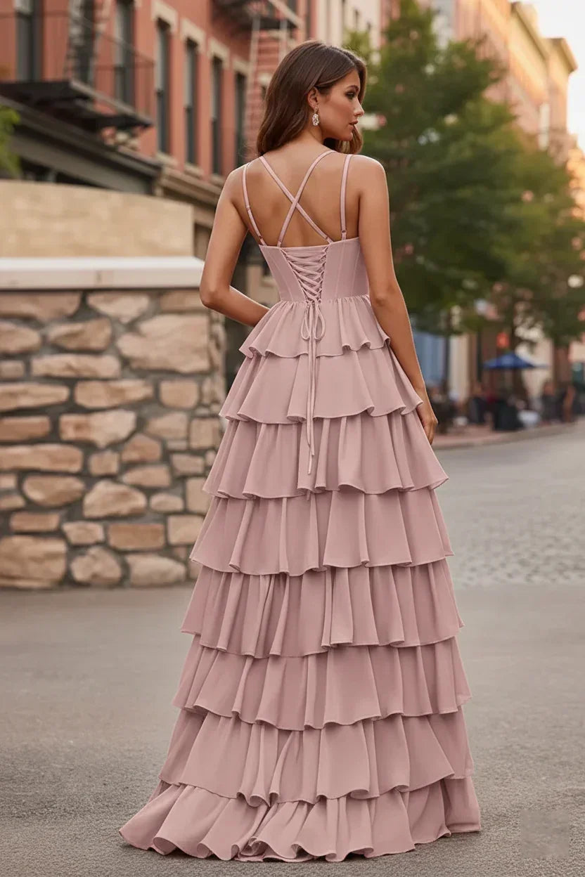 Spaghetti Strap Tiered Ruffle A-Line Prom Dress with Cowl Neck | Sevoba