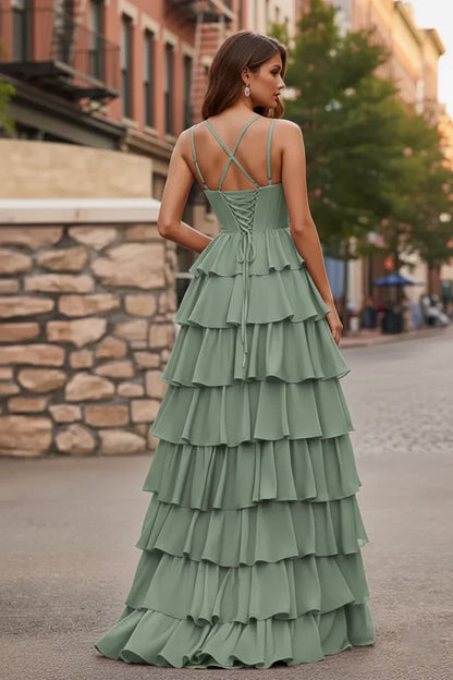Spaghetti Strap Tiered Ruffle A-Line Prom Dress with Cowl Neck | Sevoba