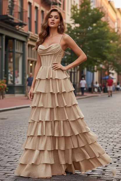Spaghetti Strap Tiered Ruffle A-Line Prom Dress with Cowl Neck | Sevoba