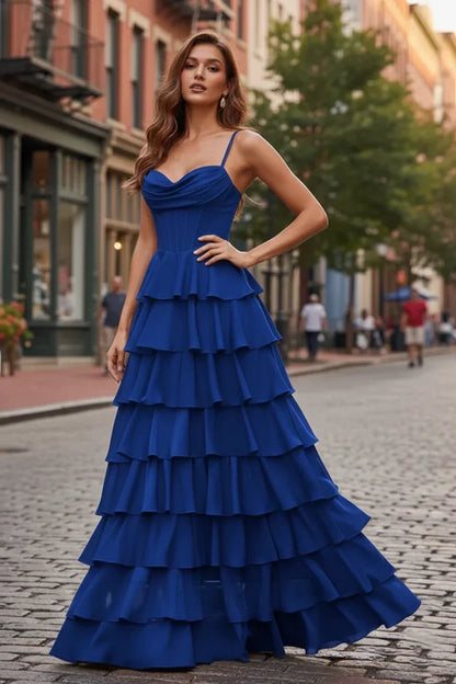 Spaghetti Strap Tiered Ruffle A-Line Prom Dress with Cowl Neck | Sevoba