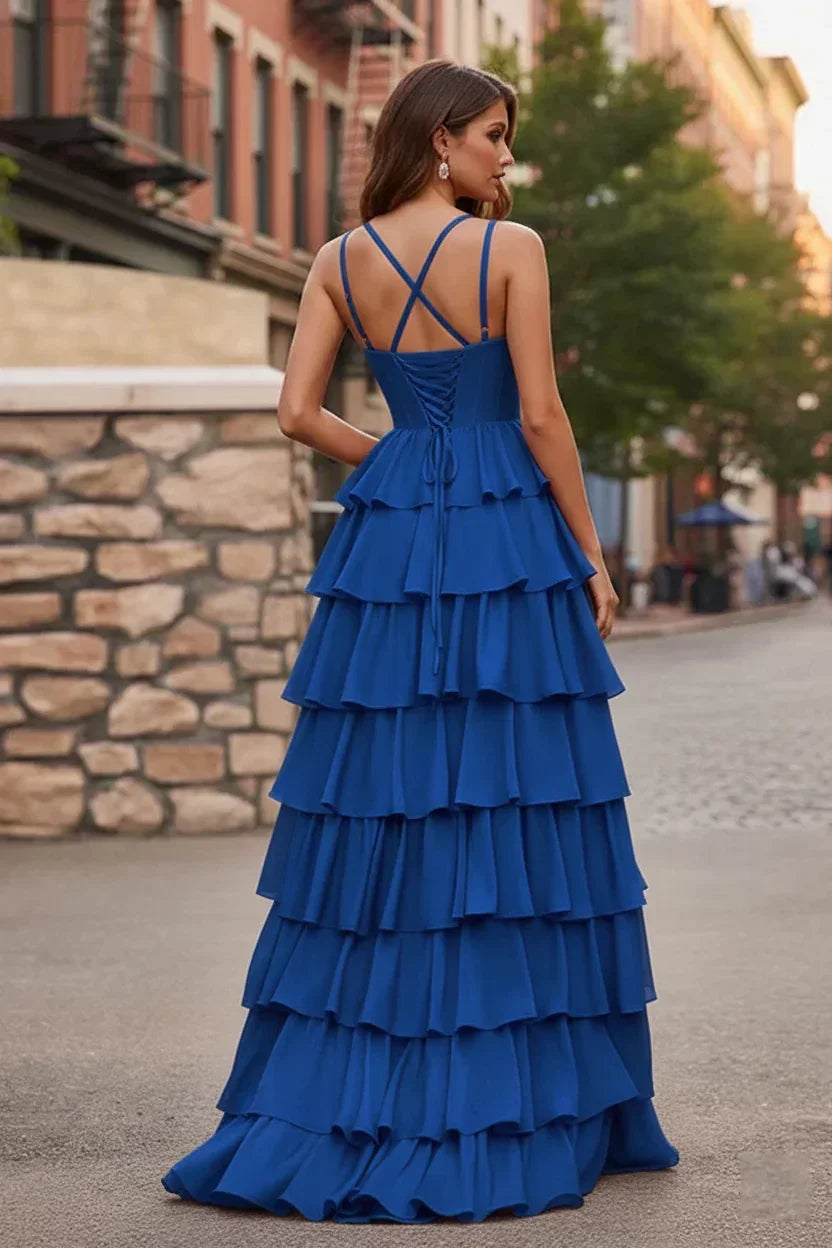 Spaghetti Strap Tiered Ruffle A-Line Prom Dress with Cowl Neck | Sevoba