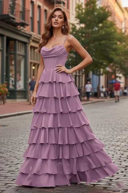 Spaghetti Strap Tiered Ruffle A-Line Prom Dress with Cowl Neck | Sevoba