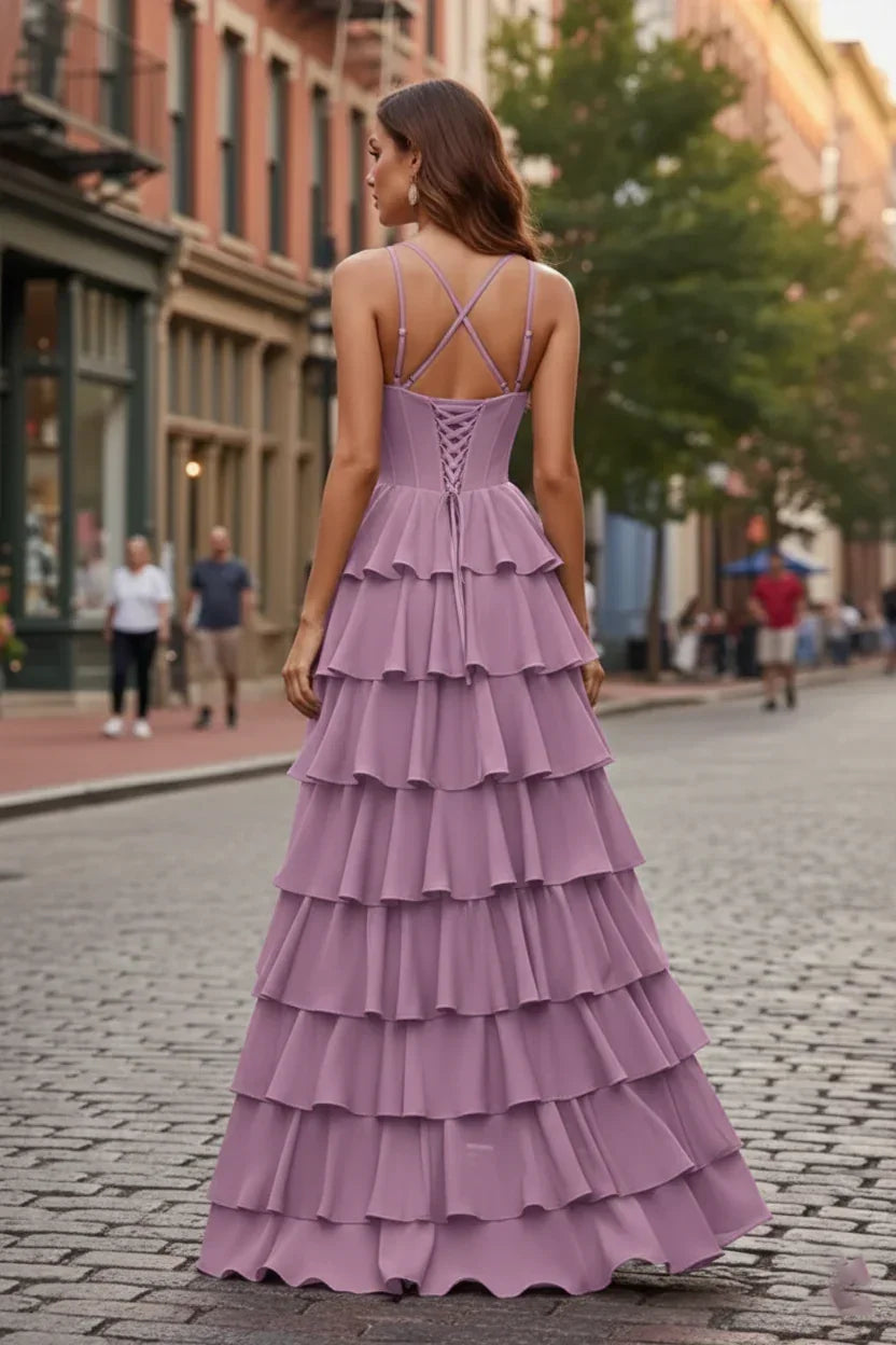 Spaghetti Strap Tiered Ruffle A-Line Prom Dress with Cowl Neck | Sevoba