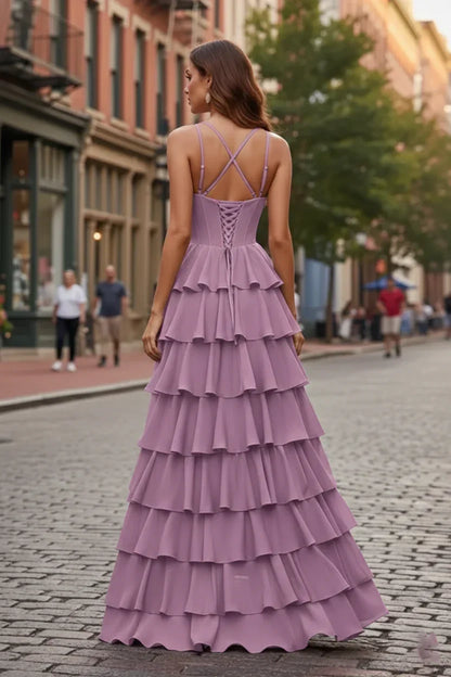 Spaghetti Strap Tiered Ruffle A-Line Prom Dress with Cowl Neck | Sevoba