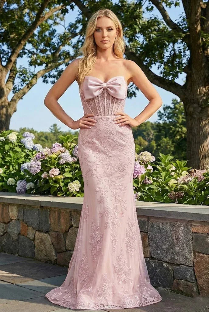 Statement Bow Corset Lace Trumpet Prom Dress | Sevoba