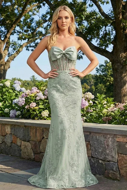Statement Bow Corset Lace Trumpet Prom Dress | Sevoba