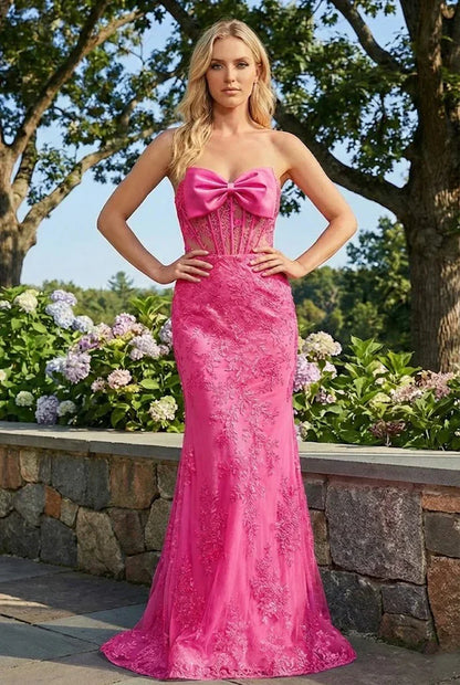 Statement Bow Corset Lace Trumpet Prom Dress | Sevoba