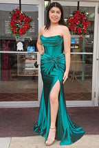 Nadia |Mermaid Strapless Satin Long Prom Dress With Slit