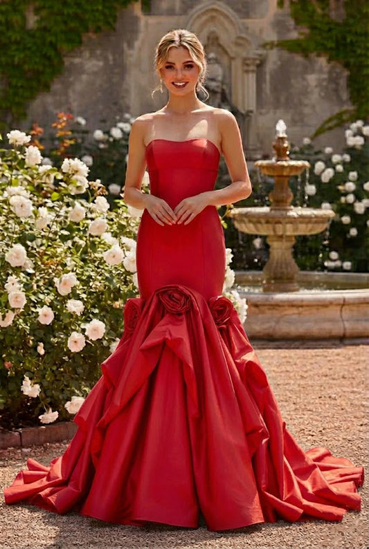 Strapless Satin Mermaid Prom Dress with Floral Ruffle Train | Sevoba