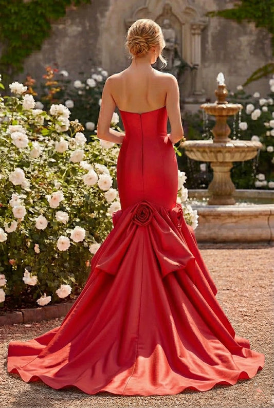 Strapless Satin Mermaid Prom Dress with Floral Ruffle Train | Sevoba