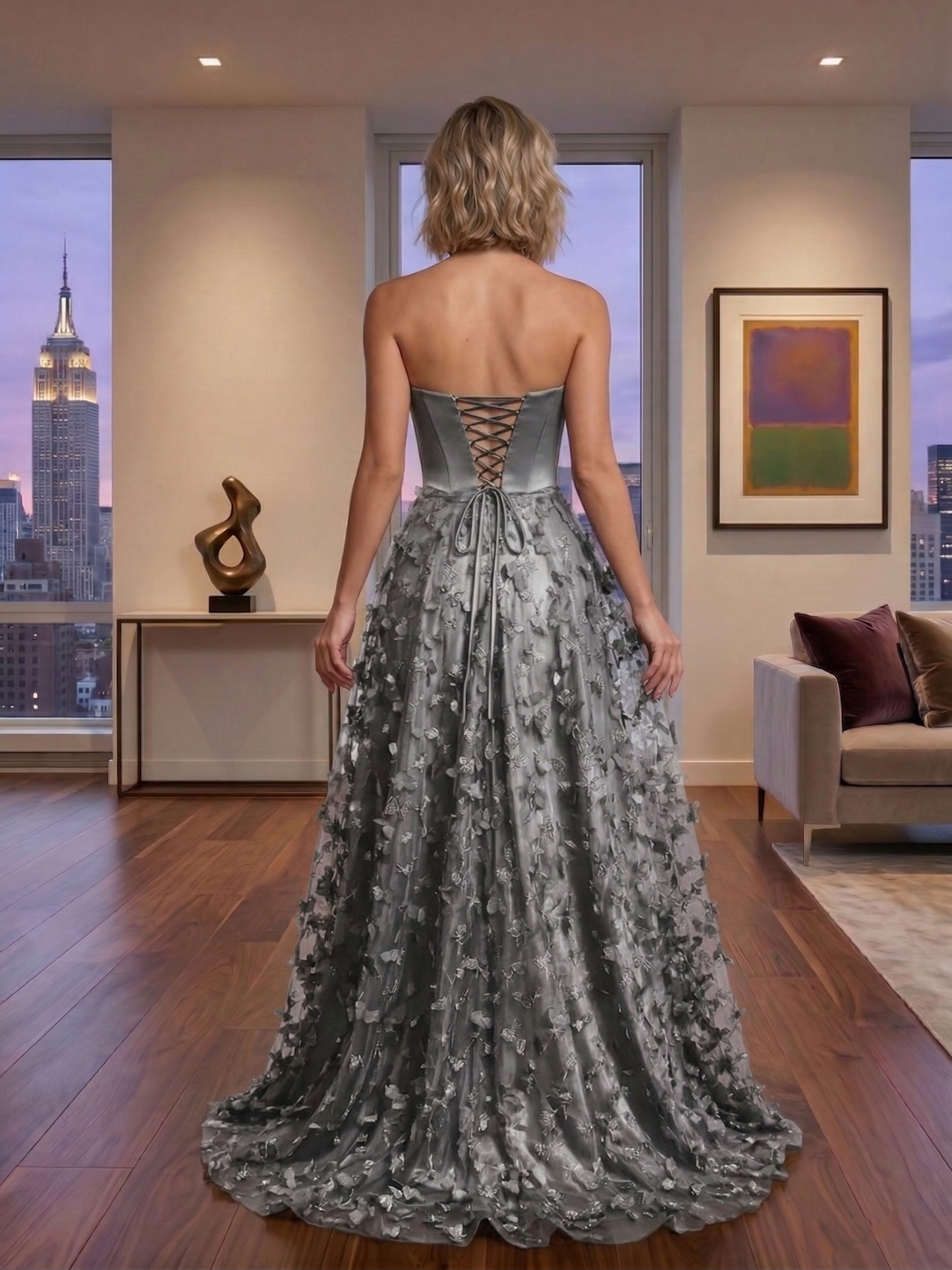 Strapless 3D Floral Tulle Ball Gown Prom Dress with Corset Back | Sevoba