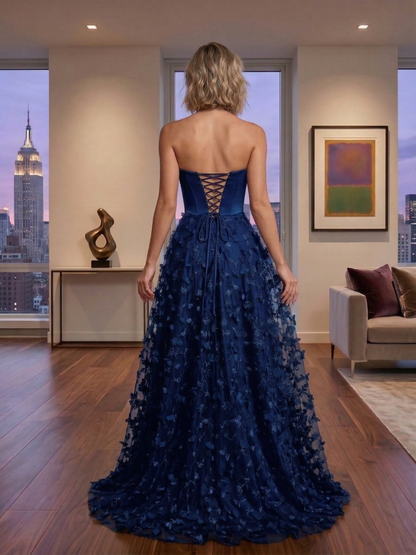 Strapless 3D Floral Tulle Ball Gown Prom Dress with Corset Back | Sevoba