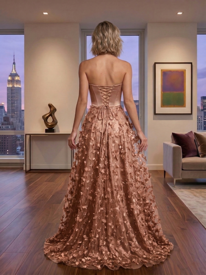 Strapless 3D Floral Tulle Ball Gown Prom Dress with Corset Back | Sevoba
